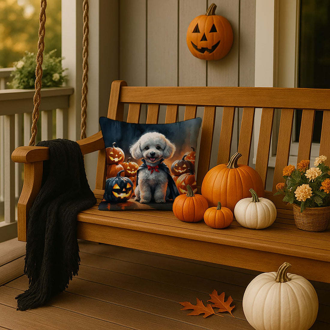 White Poodle Puppy Halloween Throw Pillow Indoor/Outdoor Decorative Throw Pillow, 14 x 14 in