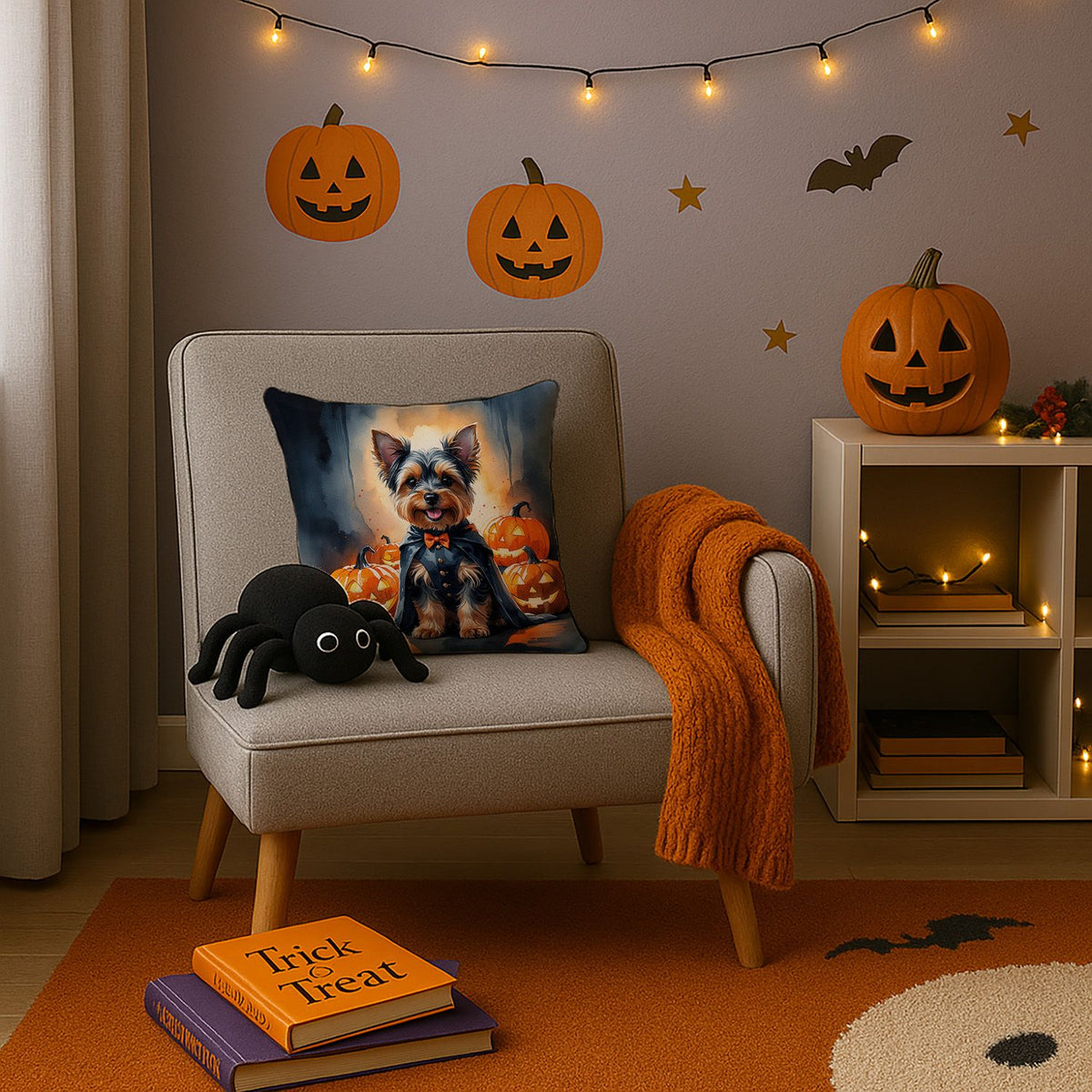 Yorkshire Terrier Yorkie Puppy Halloween Throw Pillow Indoor/Outdoor Decorative Throw Pillow, 14 x 14 in - product view 3