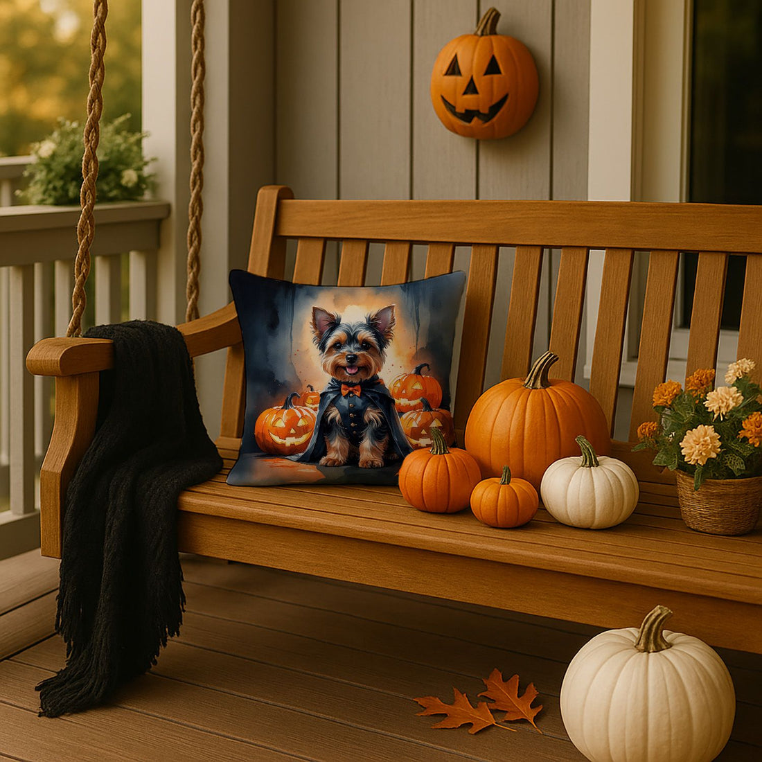 Yorkshire Terrier Yorkie Puppy Halloween Throw Pillow Indoor/Outdoor Decorative Throw Pillow, 14 x 14 in