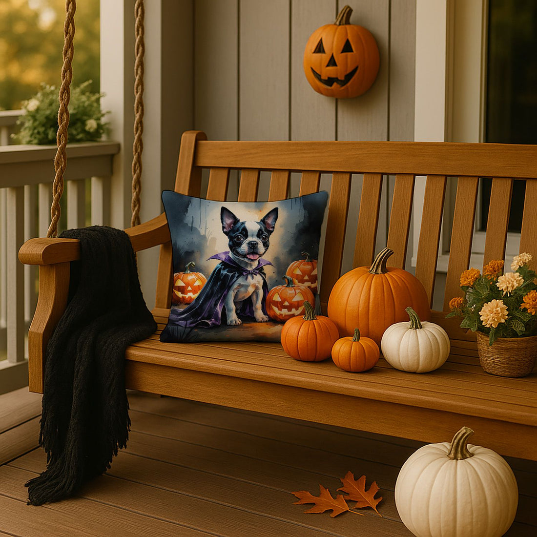 Boston Terrier Puppy Halloween Throw Pillow Indoor/Outdoor Decorative Throw Pillow, 14 x 14 in