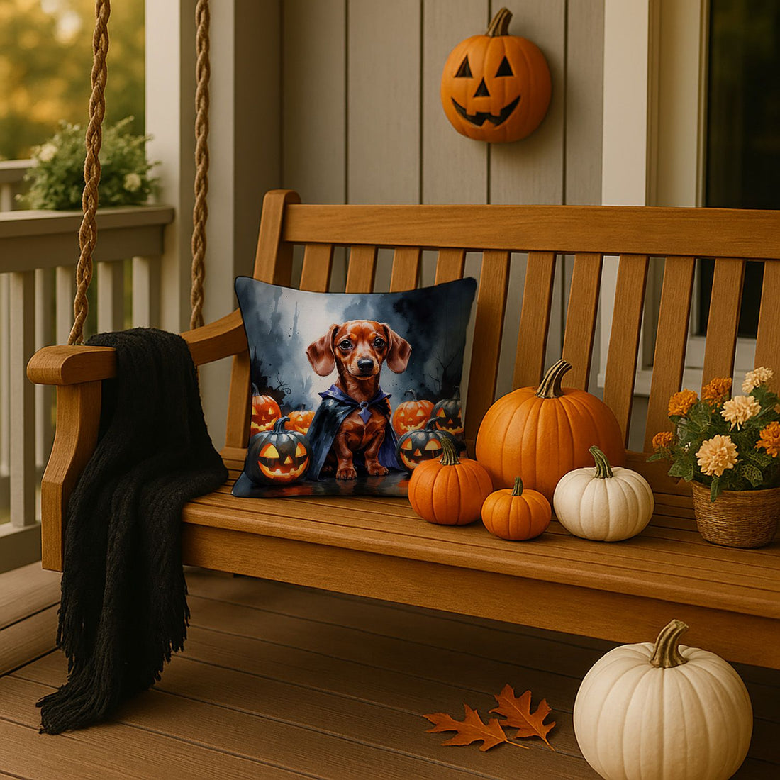Red Dachshund Puppy Halloween Throw Pillow Indoor/Outdoor Decorative Throw Pillow, 14 x 14 in