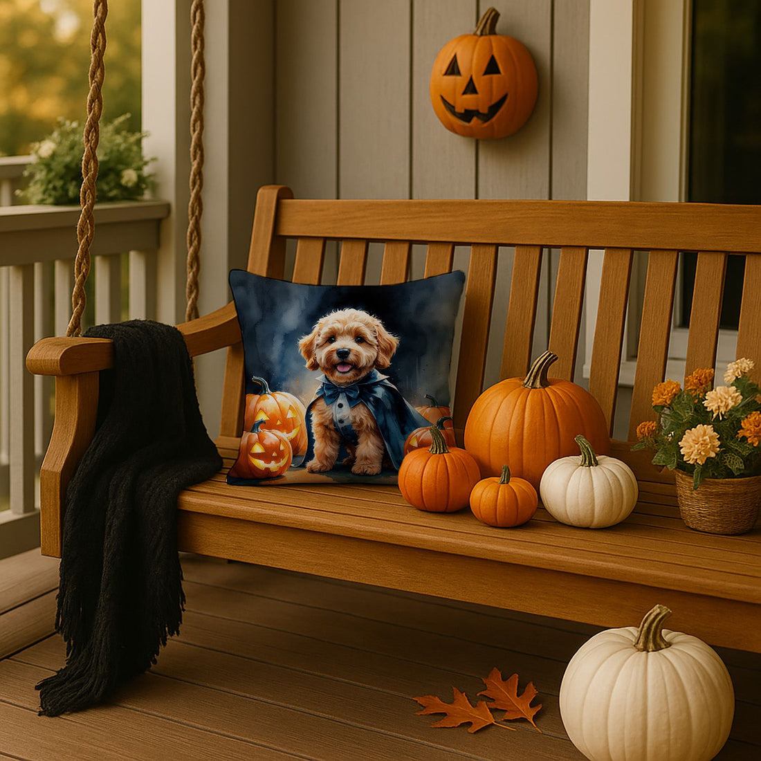 Goldendoodle Puppy Halloween Throw Pillow Indoor/Outdoor Decorative Throw Pillow, 14 x 14 in