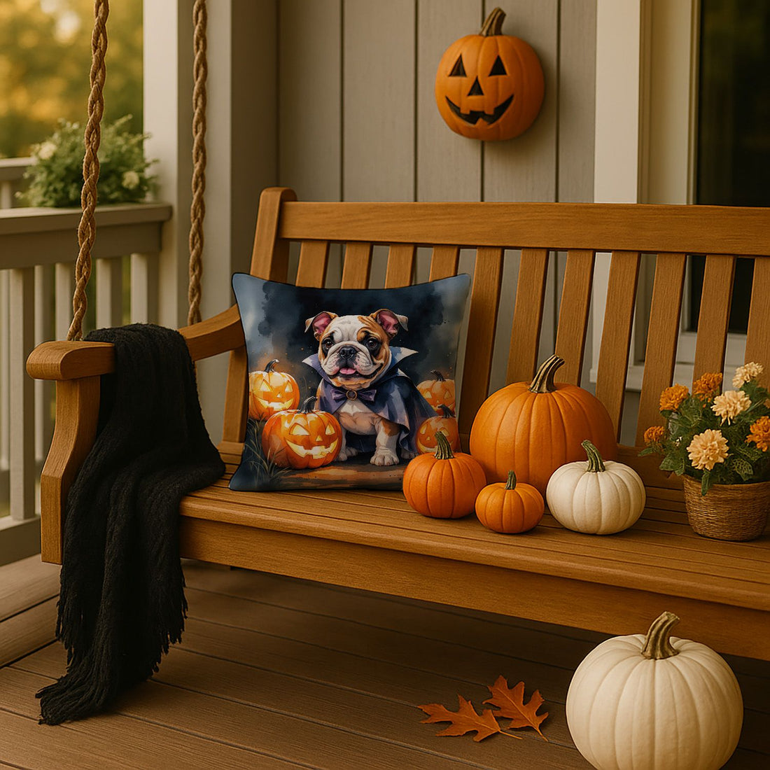 English Bulldog Puppy Halloween Throw Pillow Indoor/Outdoor Decorative Throw Pillow, 14 x 14 in