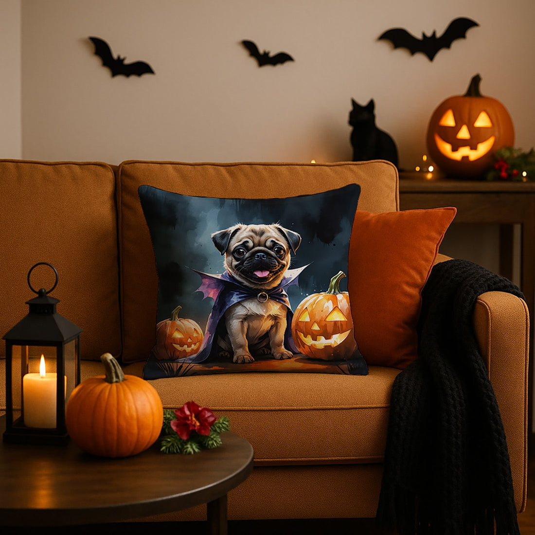 Pug Puppy Halloween Throw Pillow Indoor/Outdoor Decorative Throw Pillow, 18 x 18 in