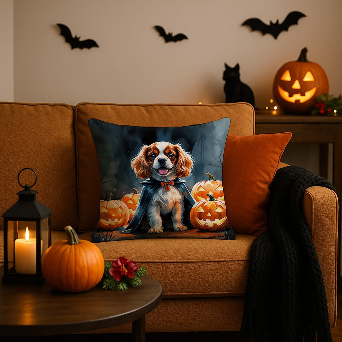 Cavalier Spaniel Puppy Halloween Throw Pillow Indoor/Outdoor Decorative Throw Pillow, 18 x 18 in